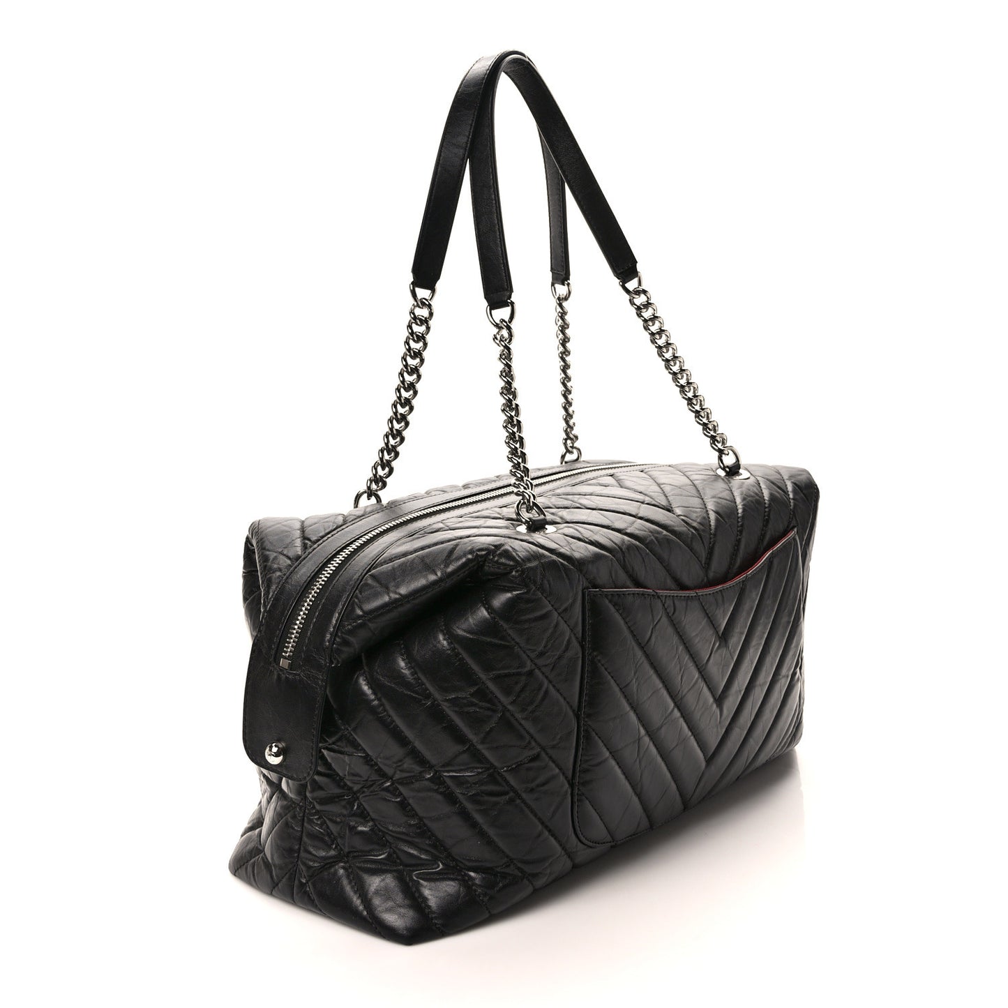 Aged Calfskin Chevron Quilted Duffle Bag Black