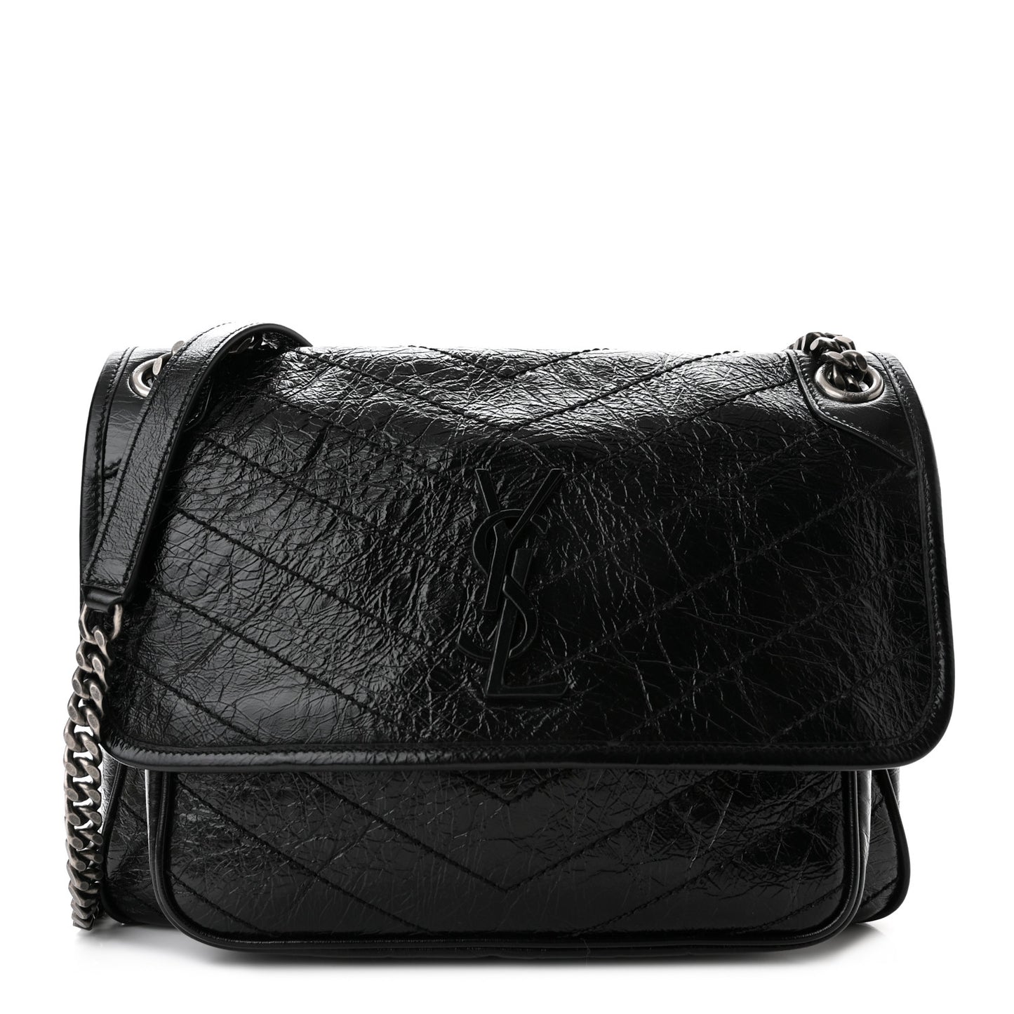 Crinkled Calfskin Matelasse Monogram Medium Niki Chain Satchel Black