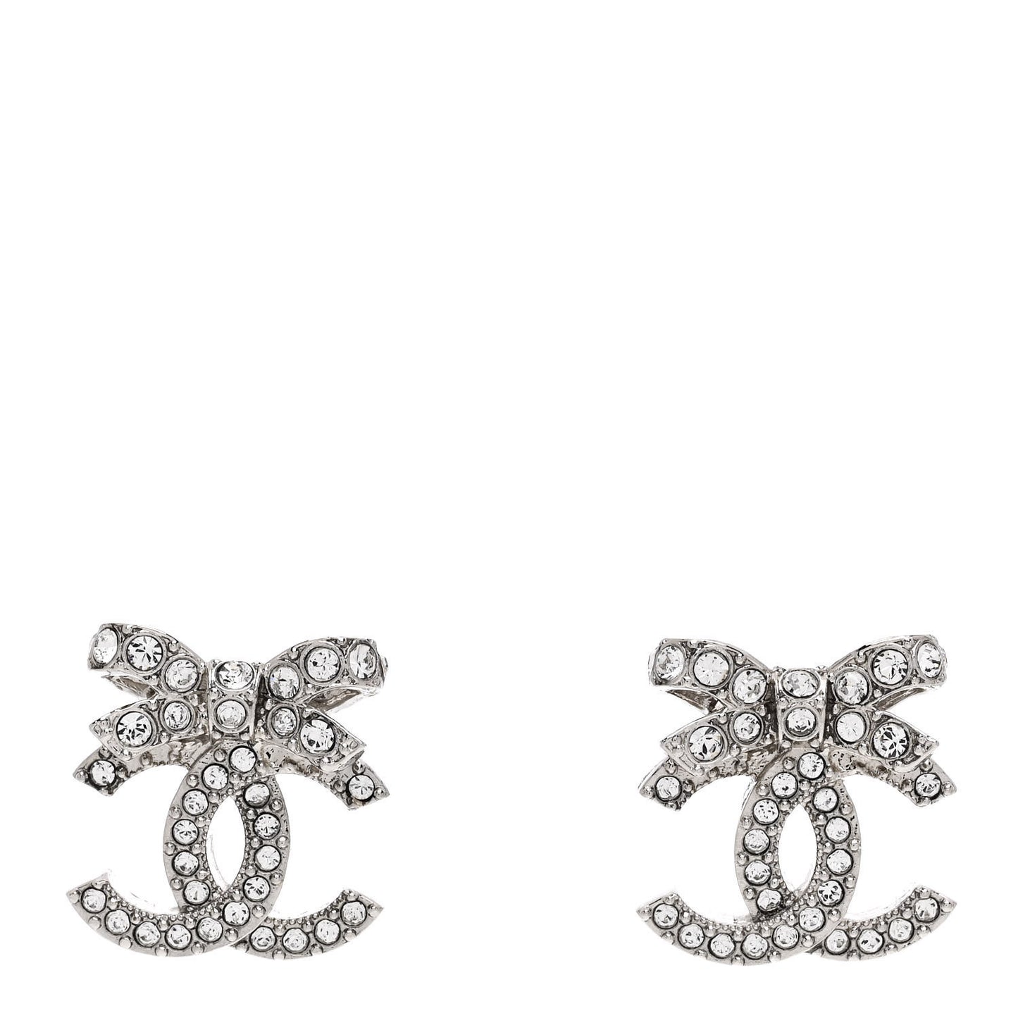 Crystal CC Bow Dangle Earrings Silver