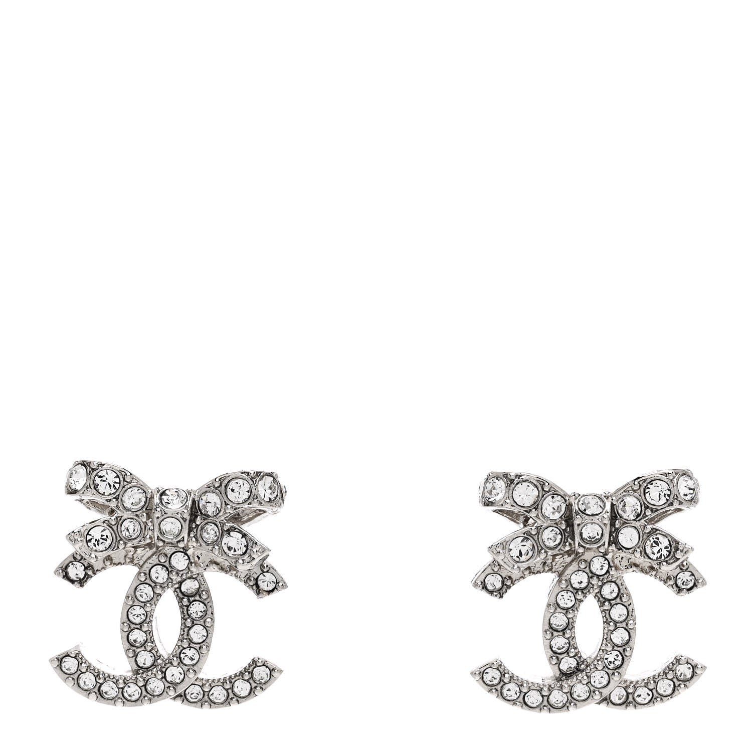 Chanel Crystal CC Bow Dangle Earrings Silver 1 of 5