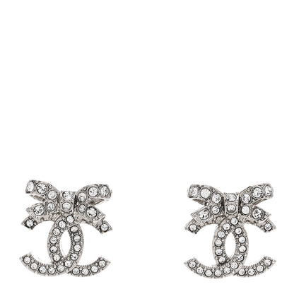 Chanel Crystal CC Bow Dangle Earrings Silver 1 of 5