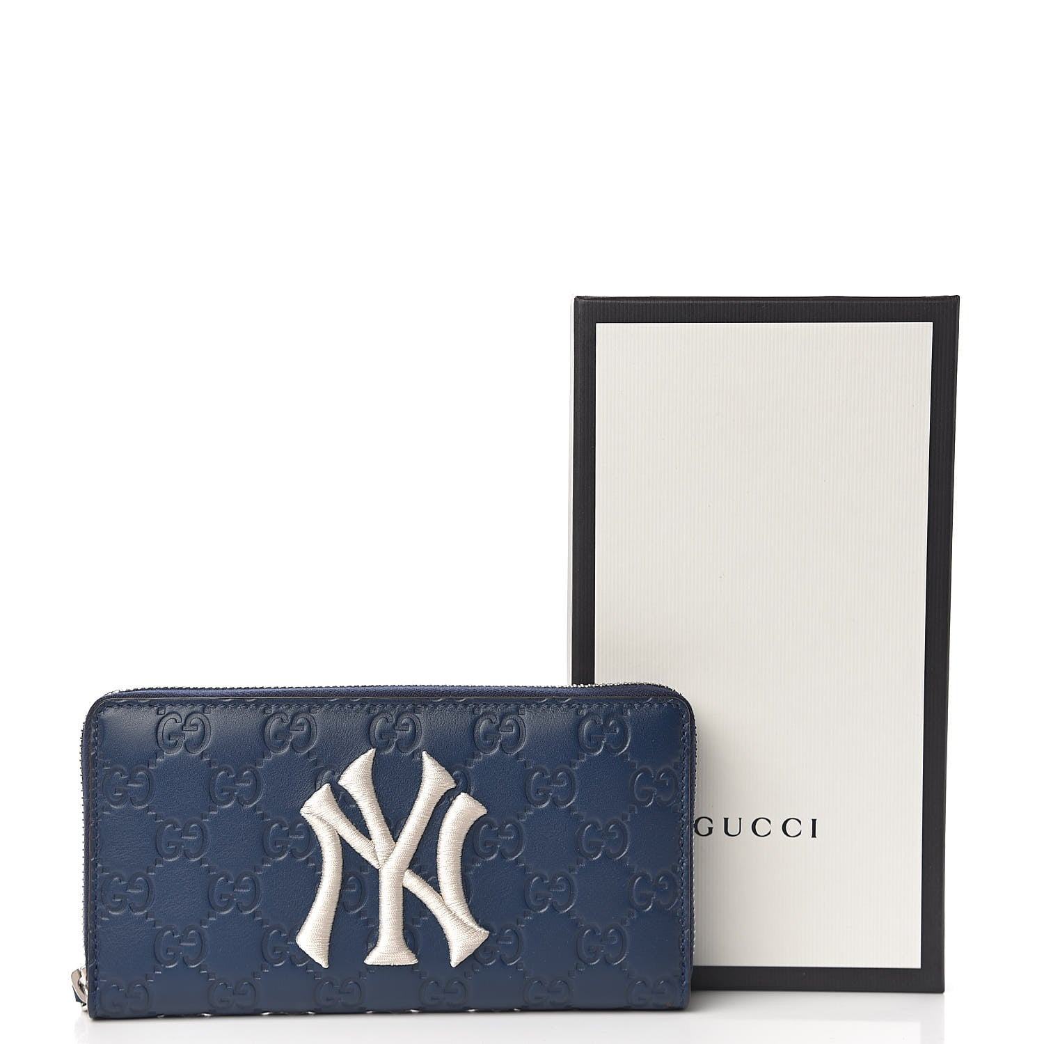 Gucci X MLB Guccissima Signature NY Yankees Embroidered Zip Around Wallet Royale Ivory 9 of 9