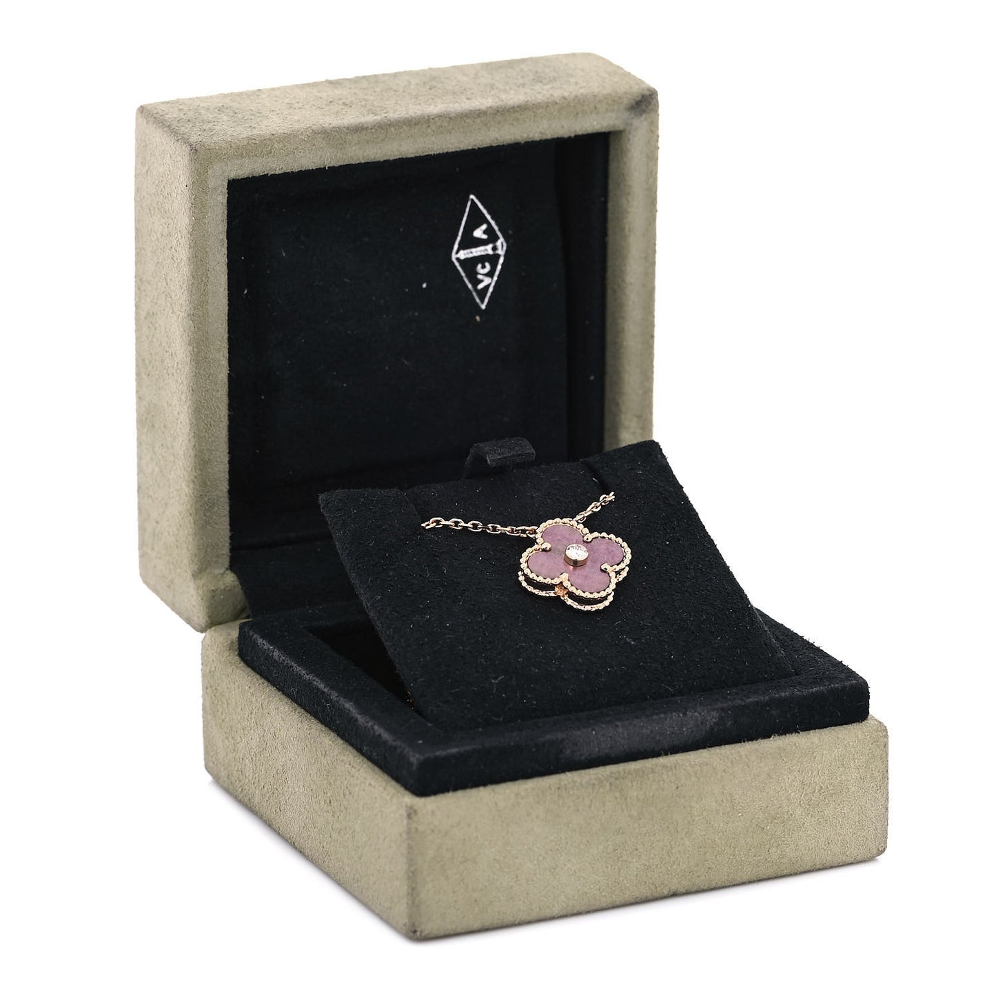 18K Rose Gold Diamond Grey Mother of Pearl Vintage Alhambra Pendant Necklace