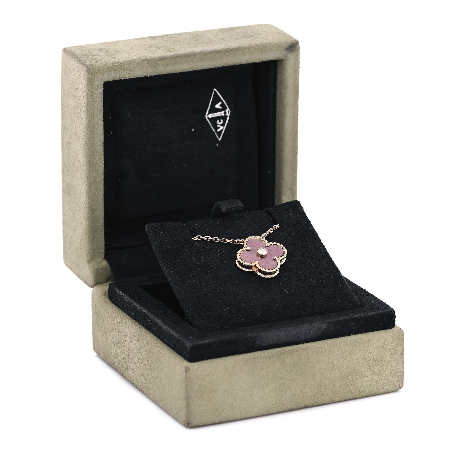 Van Cleef & Arpels 18K Rose Gold Diamond Grey Mother of Pearl Vintage Alhambra Pendant Necklace 7 of 7