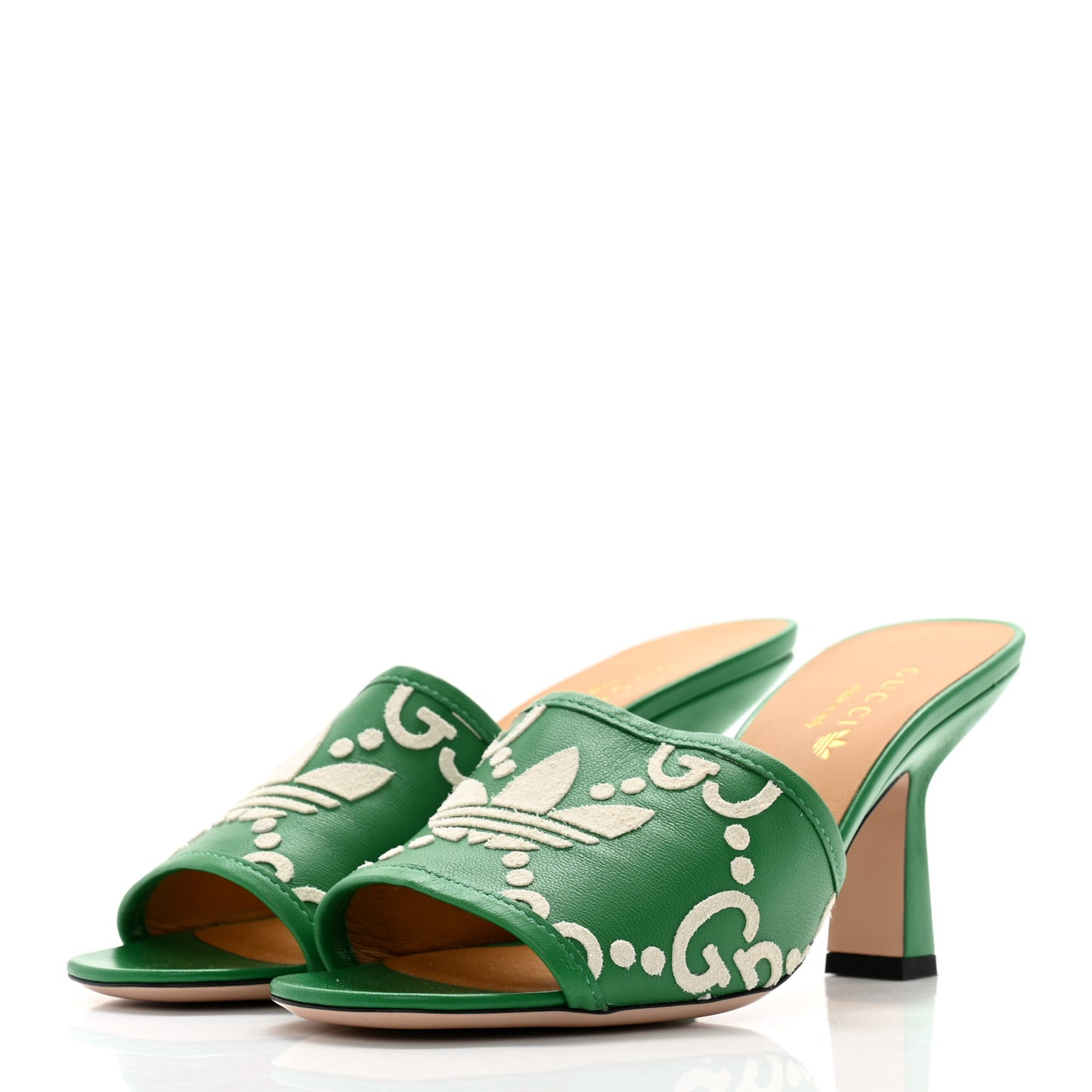 X ADIDAS Nappa Charlotte Suede Monogram Jumbo GG Trefoil 75mm Slide Sandals 36 New Shamarock Ivoire