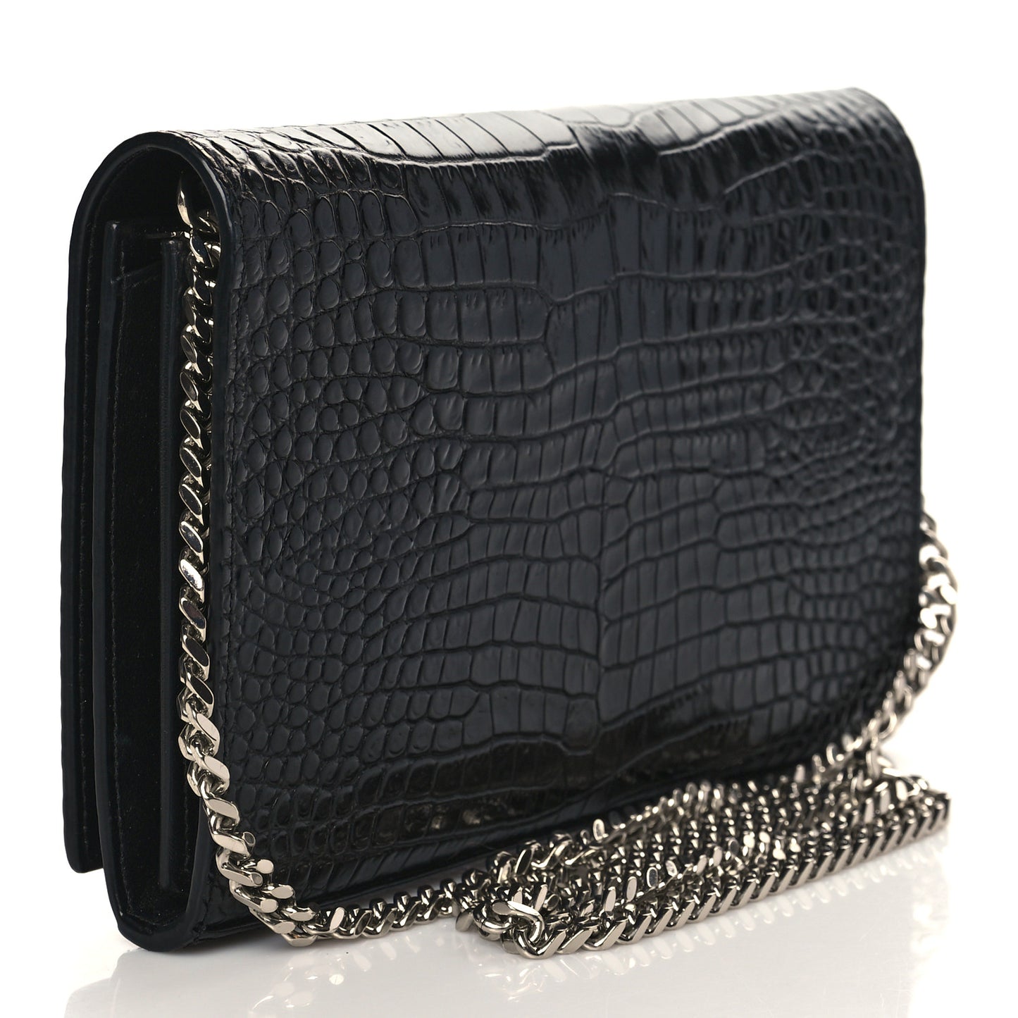 Calfskin Crocodile Embossed Monogram Chain Wallet Black