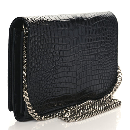 Saint Laurent Calfskin Crocodile Embossed Monogram Chain Wallet Black 3 of 10