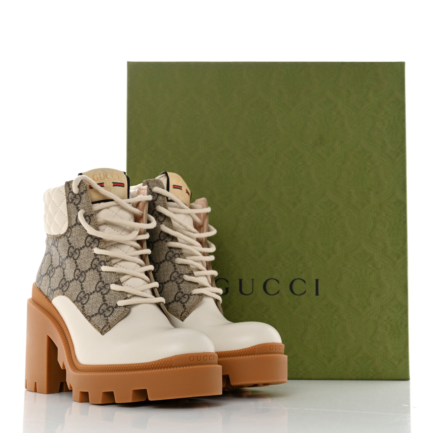 Calfskin GG Supreme Monogram Nappa Quilted Lace Up Ankle Boots 36.5 Mystic White Beige