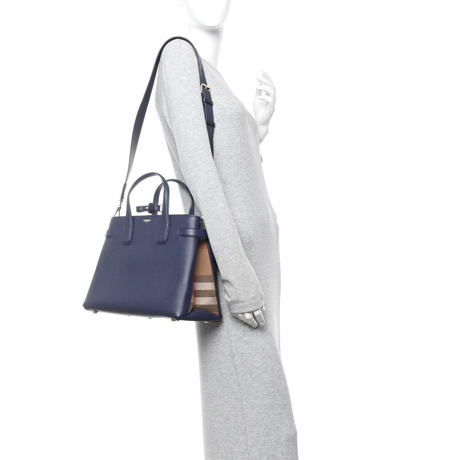 Burberry Derby Calfskin Vintage Check Medium Banner Tote Regency Blue 2 of 9
