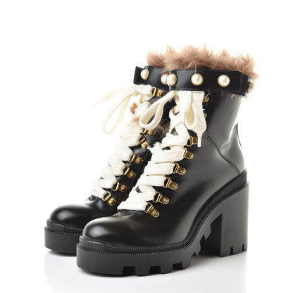 Gucci Magnum Calfskin Fur Pearl Lace Up Combat Ankle Boots 38.5 Black Naturale 3 of 10