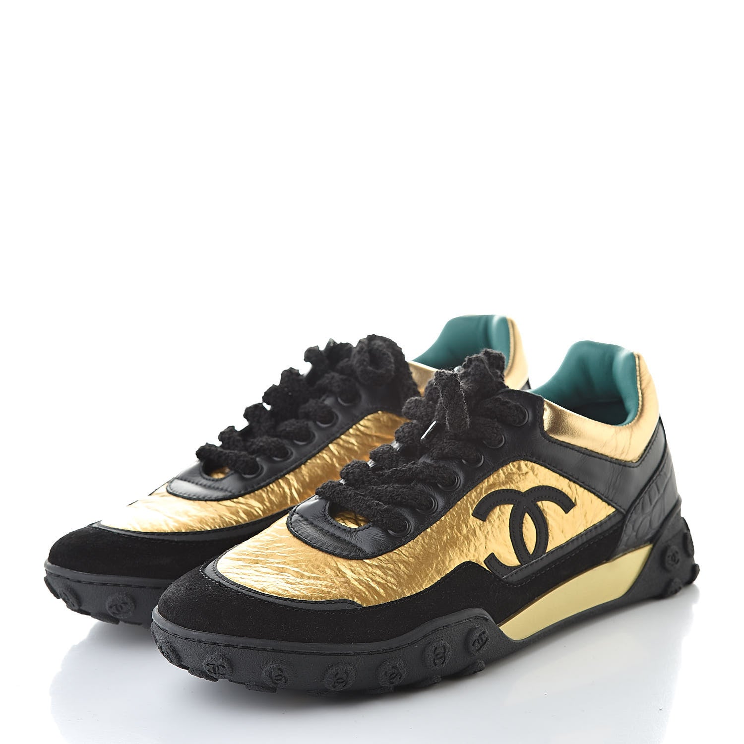 Chanel Metallic Fabric Calfskin Suede Crocodile Embossed CC Sneakers 38 Black Gold 3 of 10