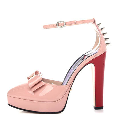 Gucci Patent Crystal GG Bow Sadie Spike Ankle Strap d'Orsay Platform High Heel Pumps 37.5 Perfect Pink 1 of 11