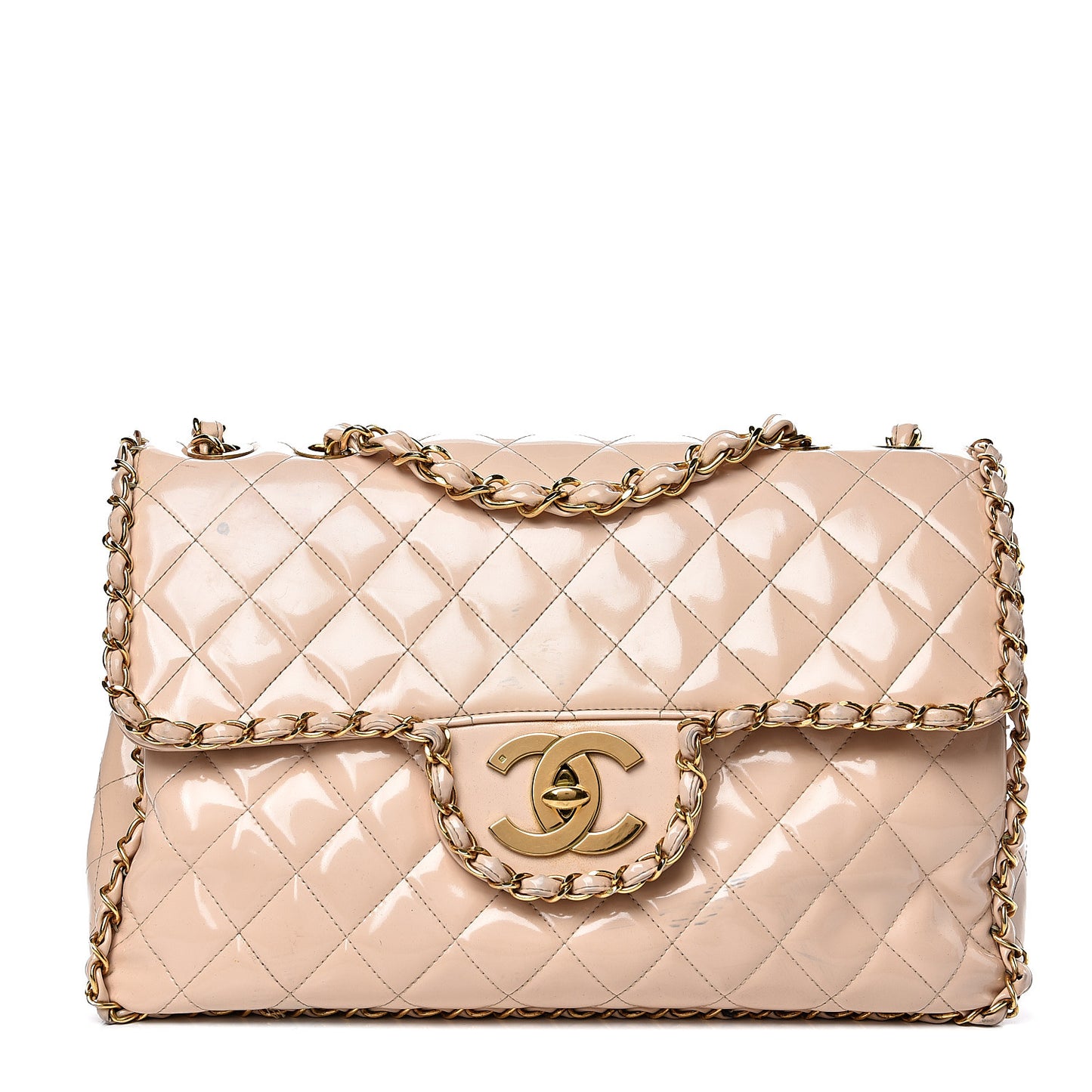 Patent Quilted Jumbo XL Chain Around Flap Beige