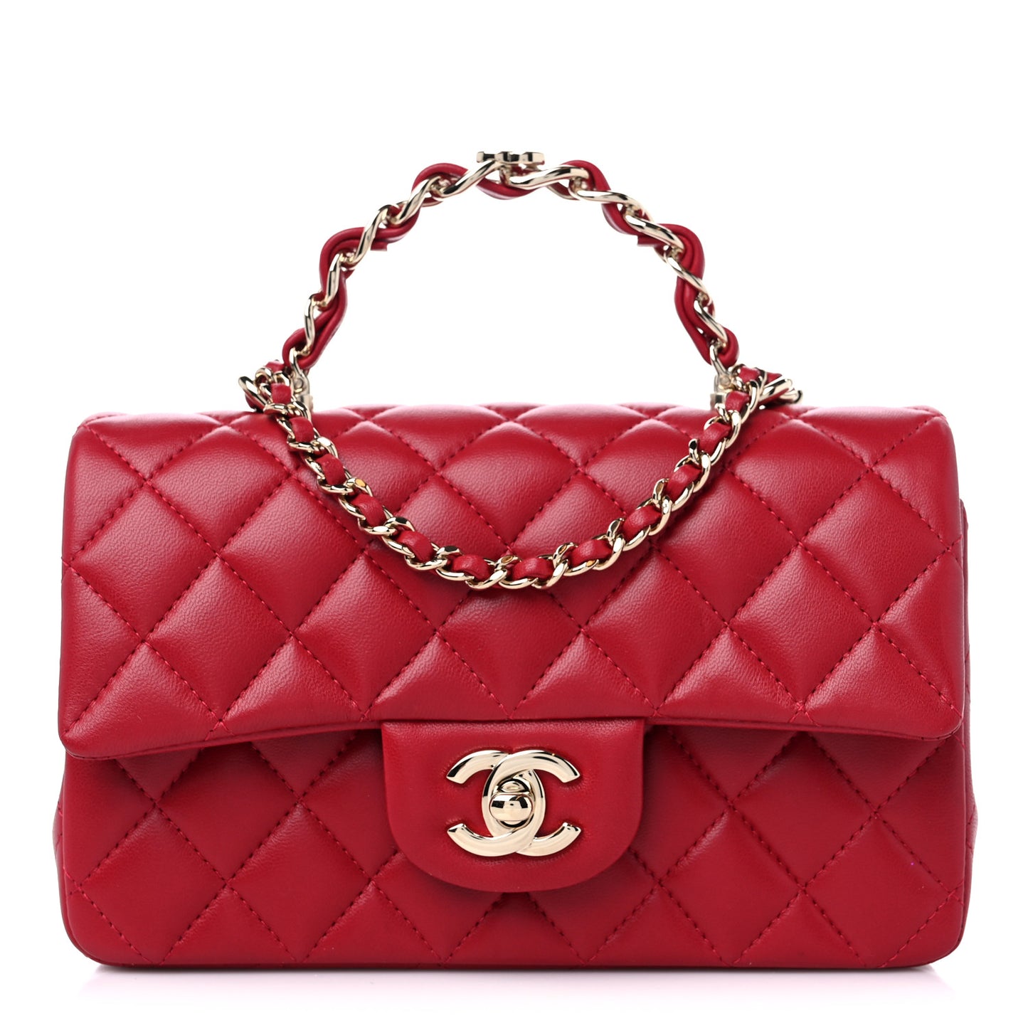 Lambskin Quilted Mini Chain Top Handle Rectangular Flap Red