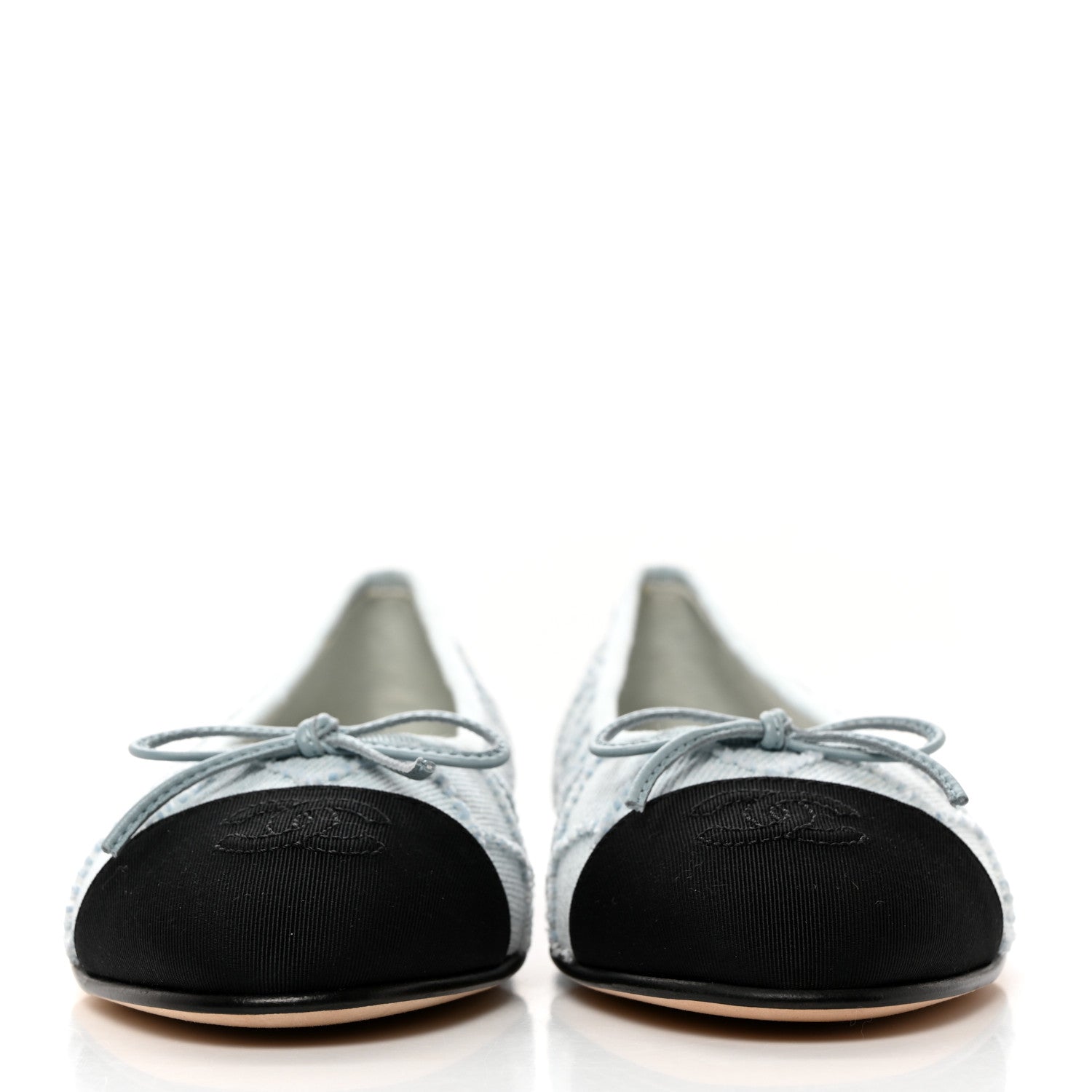 Chanel Denim Embroidered Grosgrain CC Cap Toe Ballerina Flats 37.5 Blue Black 2 of 10