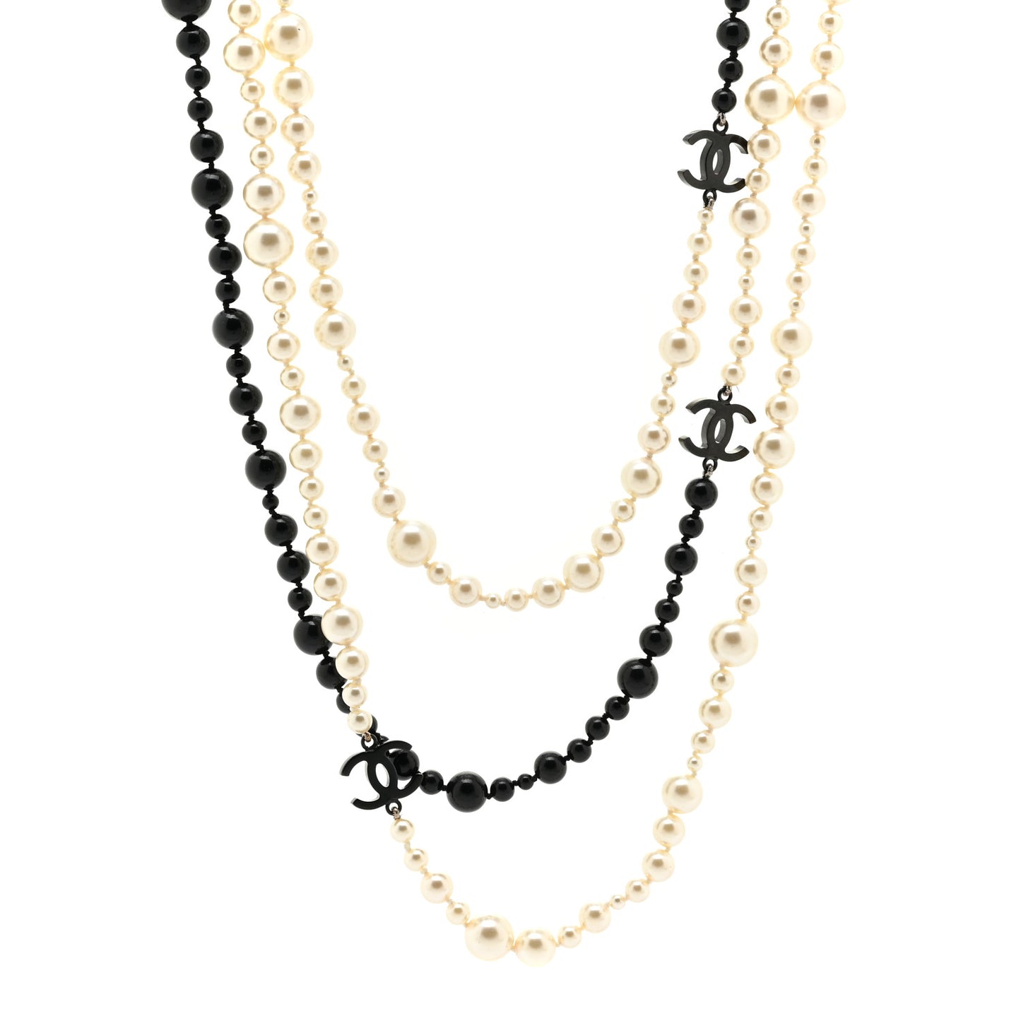 Pearl Bead CC Long Double Strand Necklace Black White