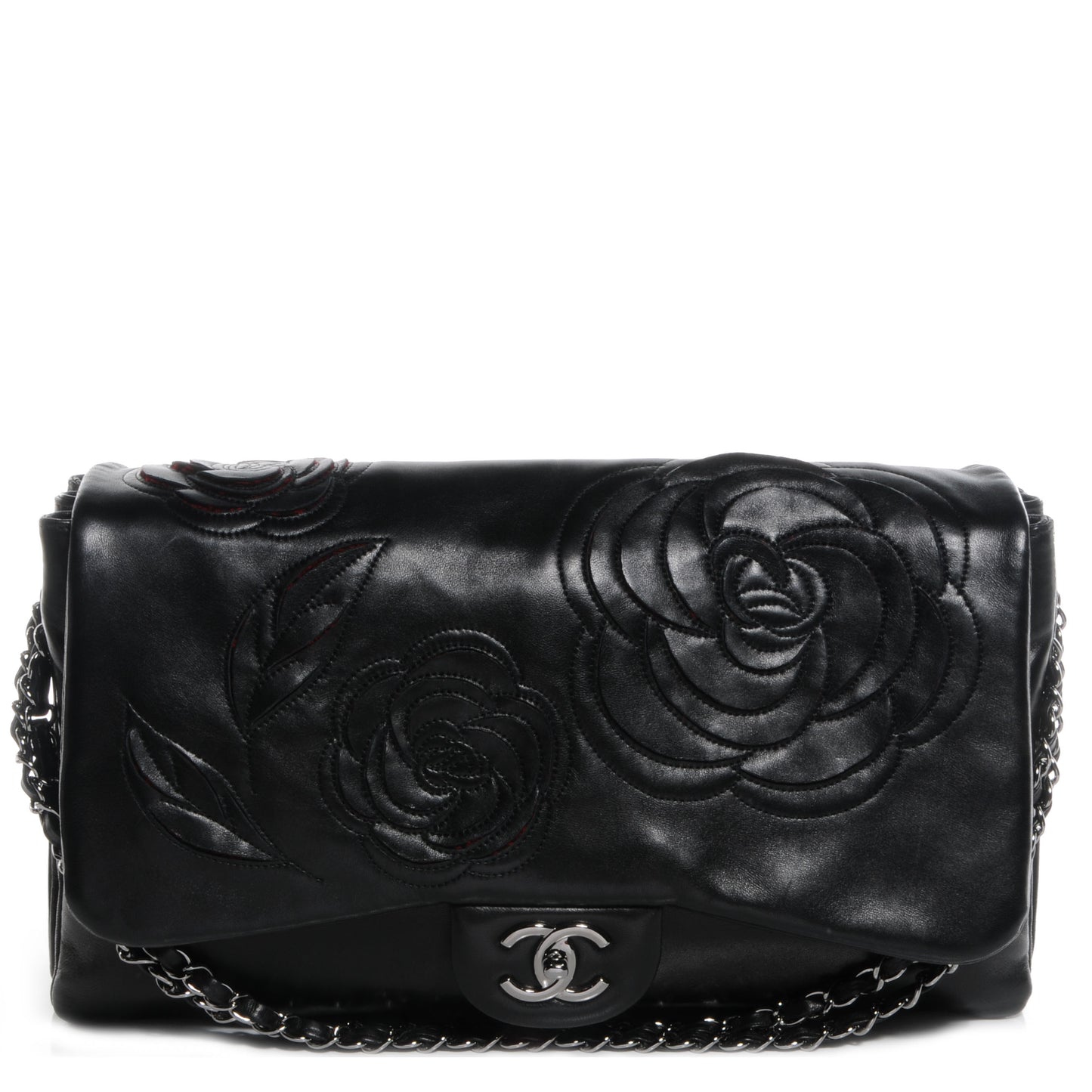 Lambskin Tweed Maxi Camellia Petals Flap Black
