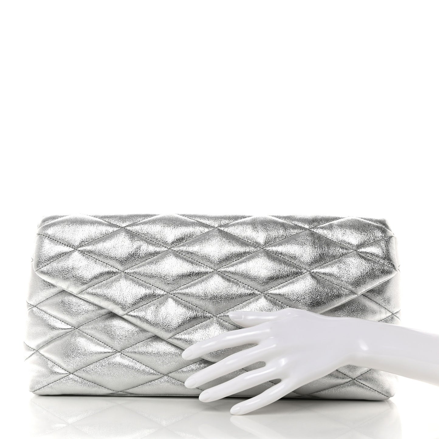 Metallic Lambskin Quilted Sade Puffer Envelope Clutch Argento