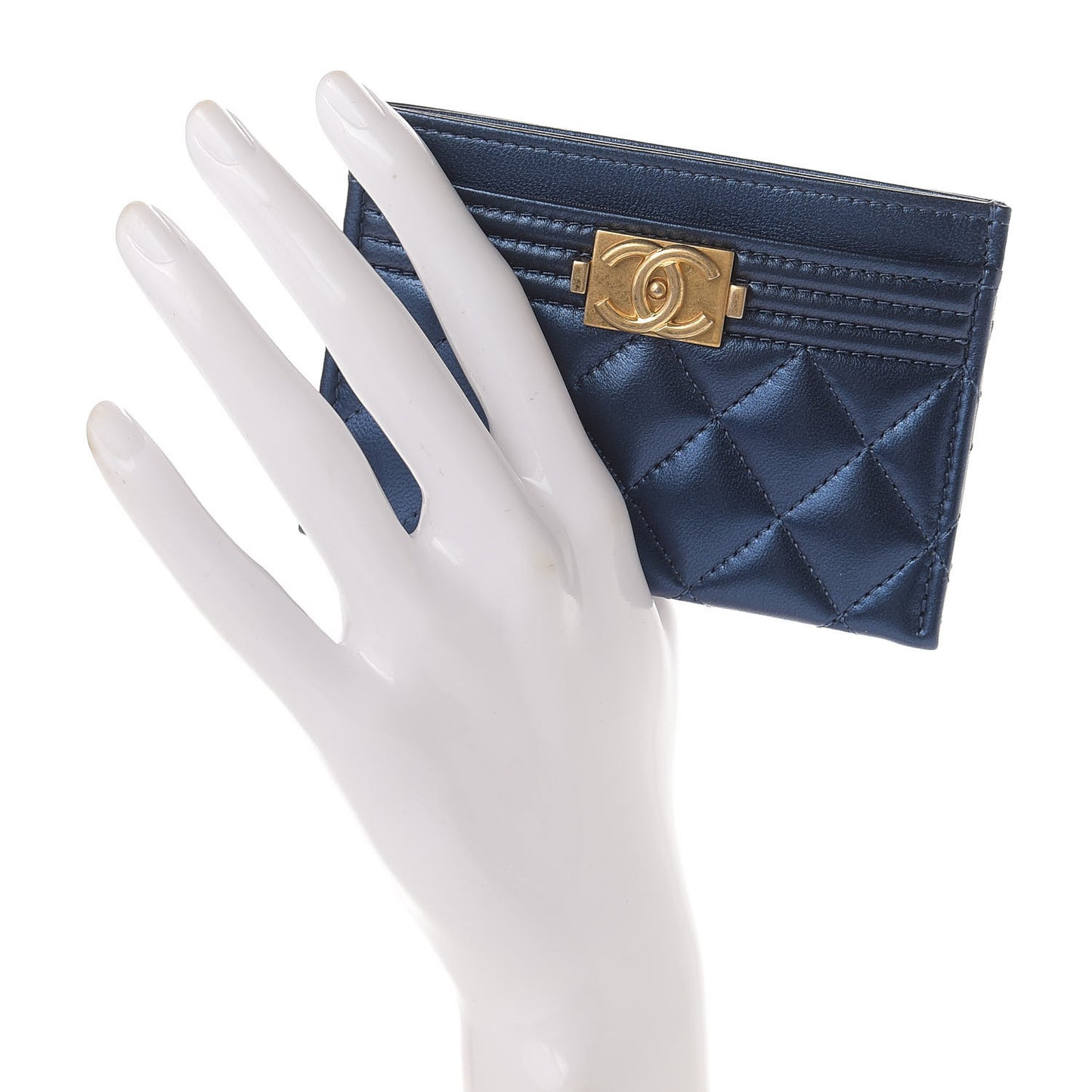 Metallic Lambskin Quilted Boy Card Holder Blue