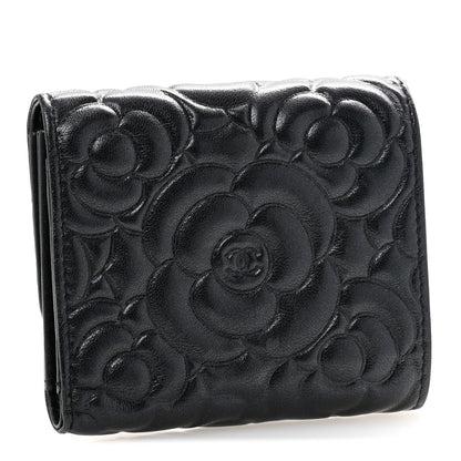 Chanel Lambskin Camellia Embossed Small Double Wallet Black 3 of 11