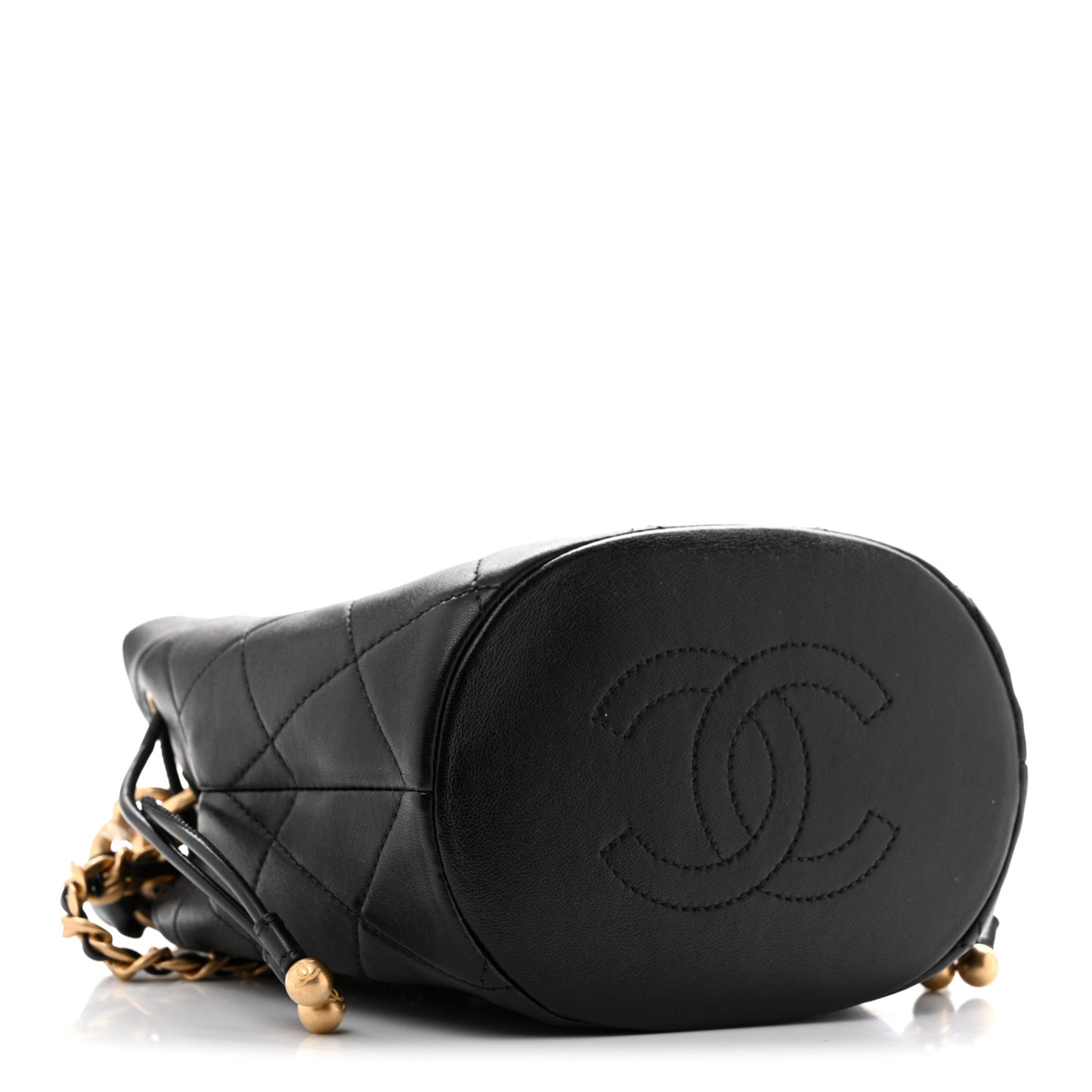 Shiny Lambskin Quilted Chain Is More Drawstring Bag Black