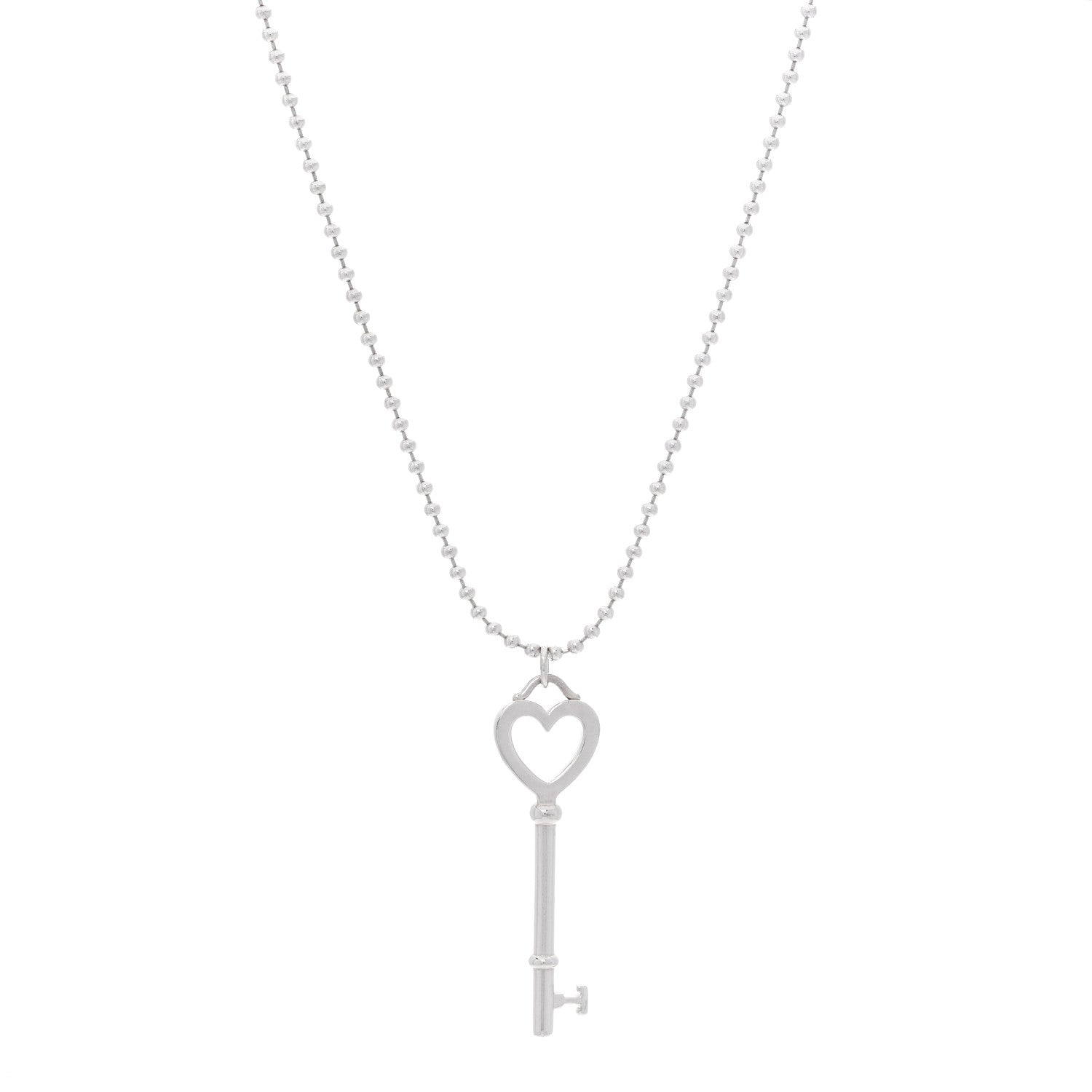 Tiffany Sterling Silver Heart Key Bead Chain Pendant Necklace 1 of 5