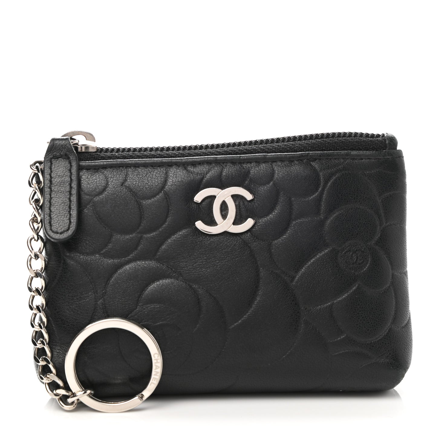 Lambskin Camellia Embossed Key Holder Case Black