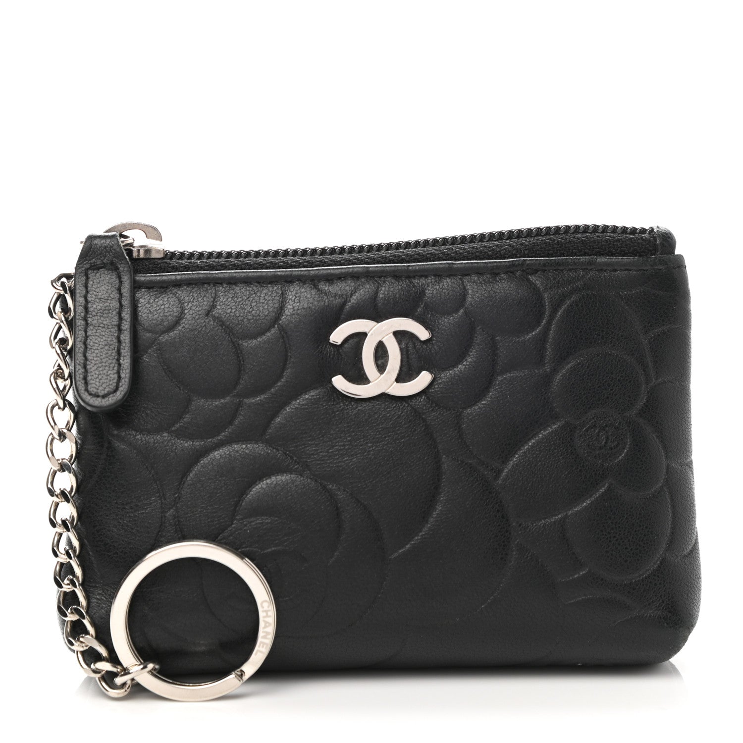 Chanel Lambskin Camellia Embossed Key Holder Case Black 1 of 8