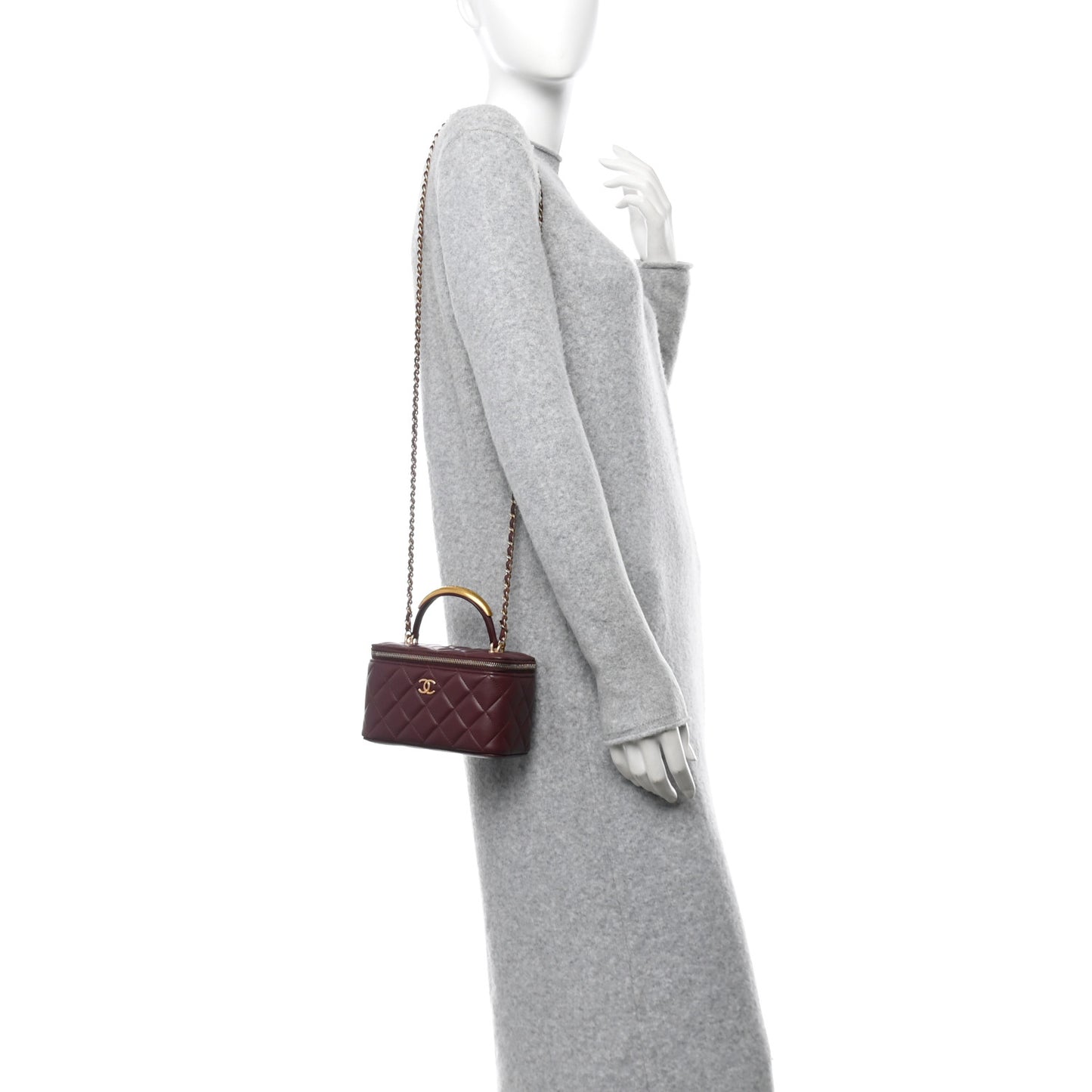 Lambskin Quilted Metal Small Top Handle Vanity Case With Chain Burgundy