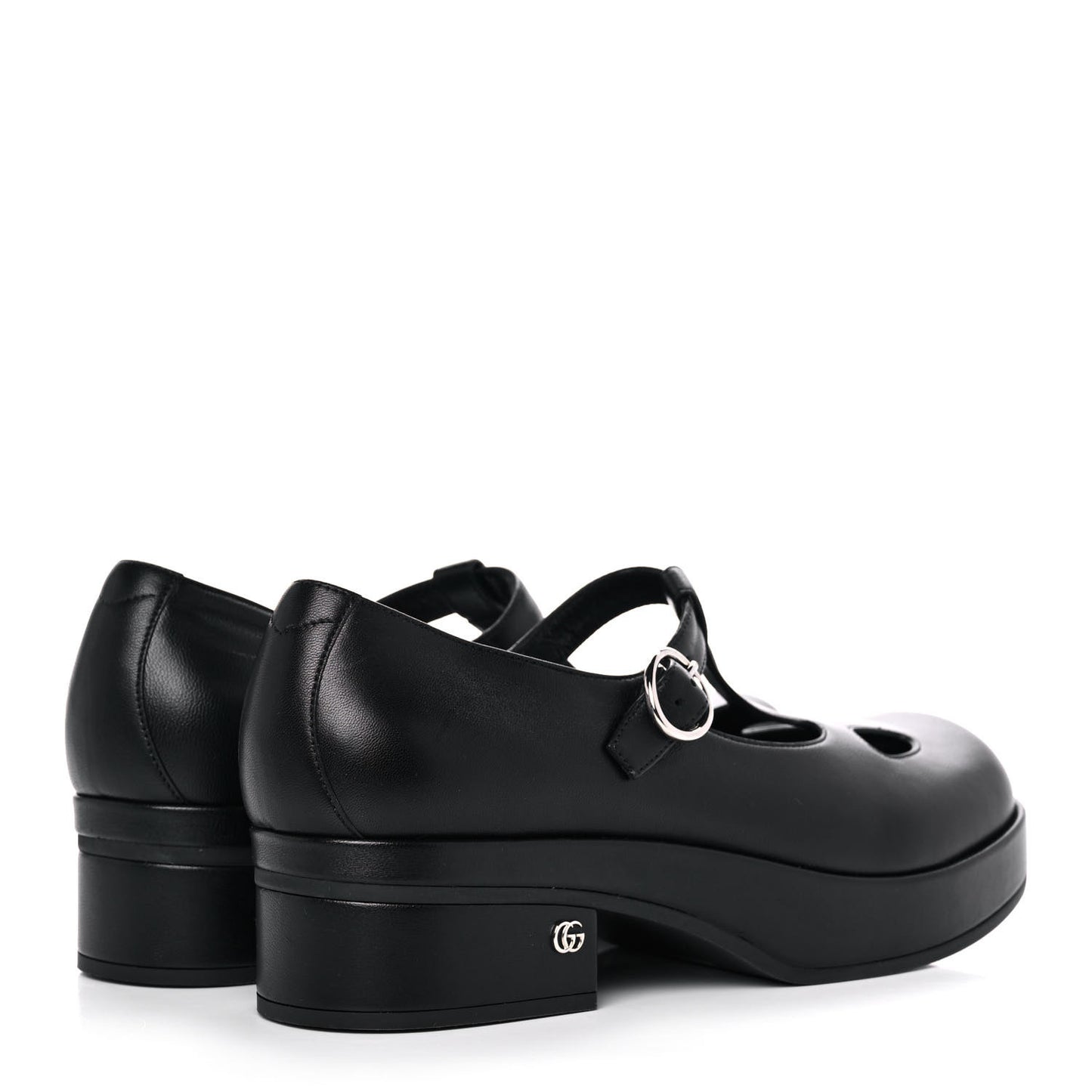 Calfskin T-Strap Mary Jane Platform Low-Heel Pumps 37.5 Black