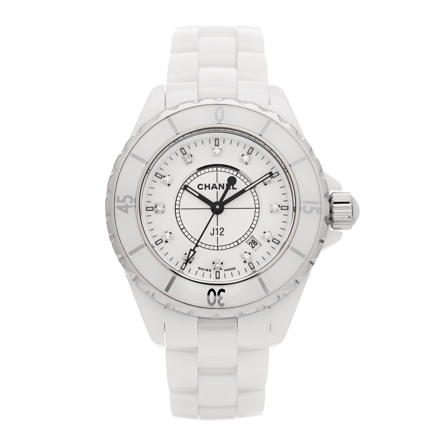 Chanel Stainless Steel Ceramic Diamond 33mm J12 Quartz Watch White 1 of 4