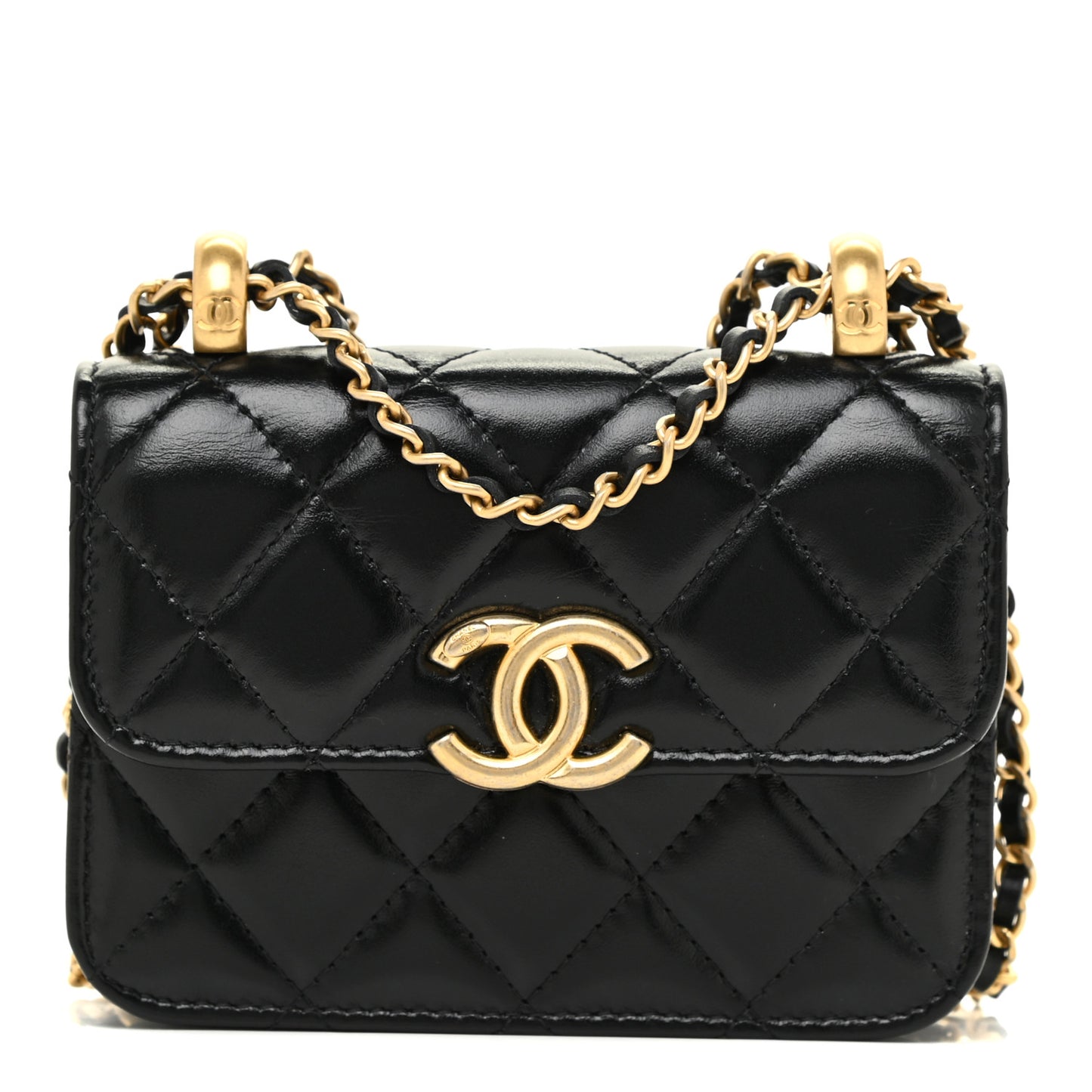 Calfskin Quilted Perfect Fit Coin Purse With Chain Black