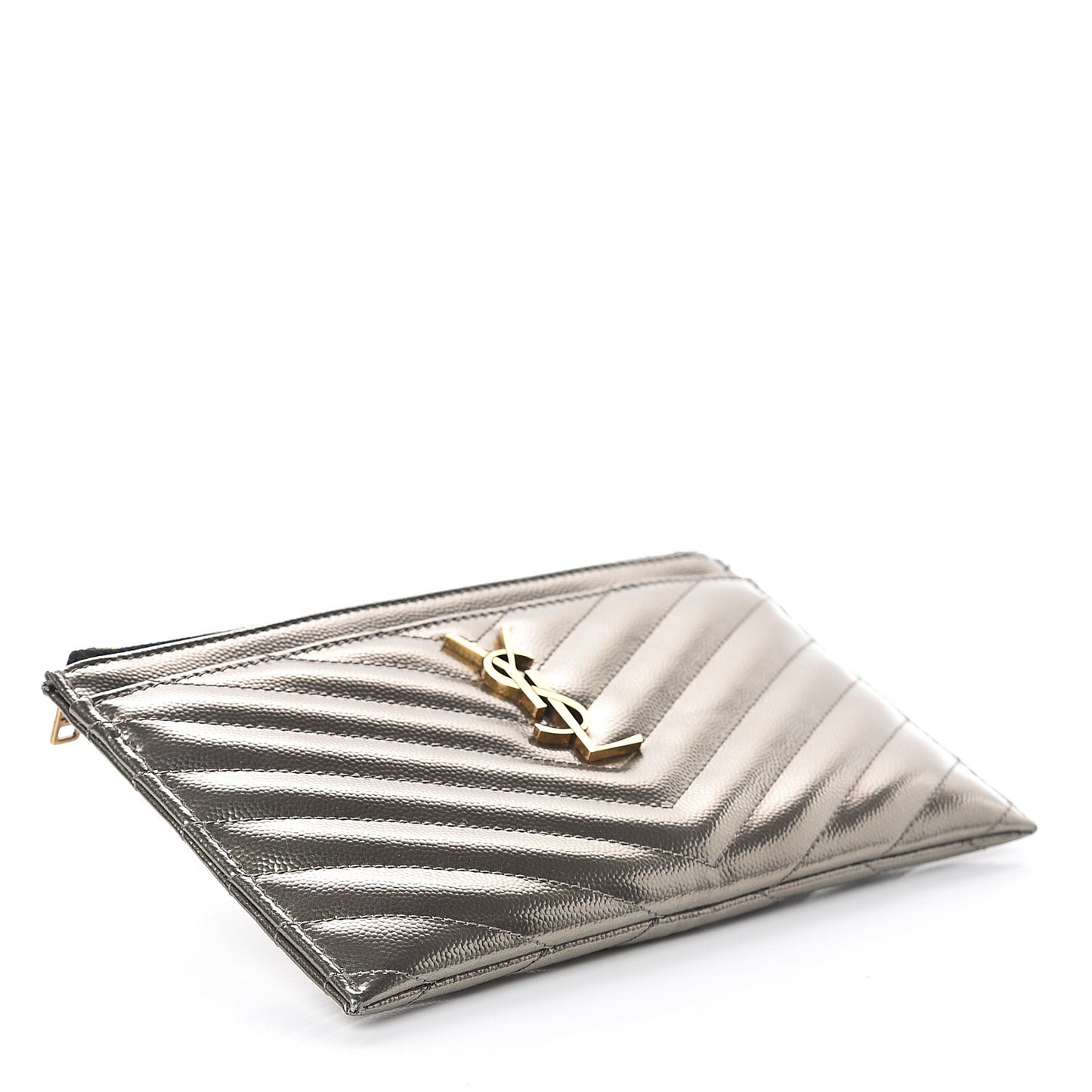 Metallic Grain De Poudre Matelasse Chevron Monogram Bill Pouch Piombo