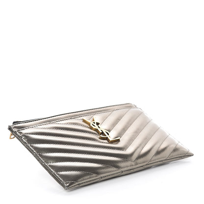 Saint Laurent Metallic Grain De Poudre Matelasse Chevron Monogram Bill Pouch Piombo 3 of 6