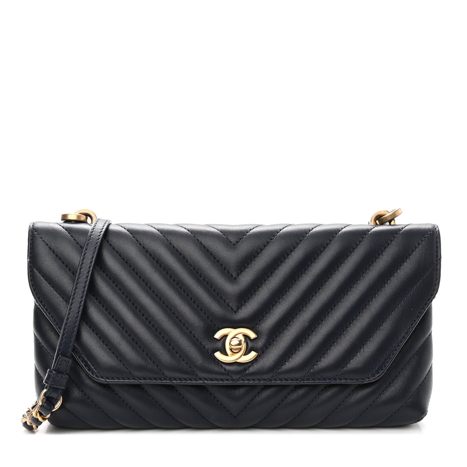 Chanel Lambskin Chevron Quilted East West Flap Navy 1 of 11