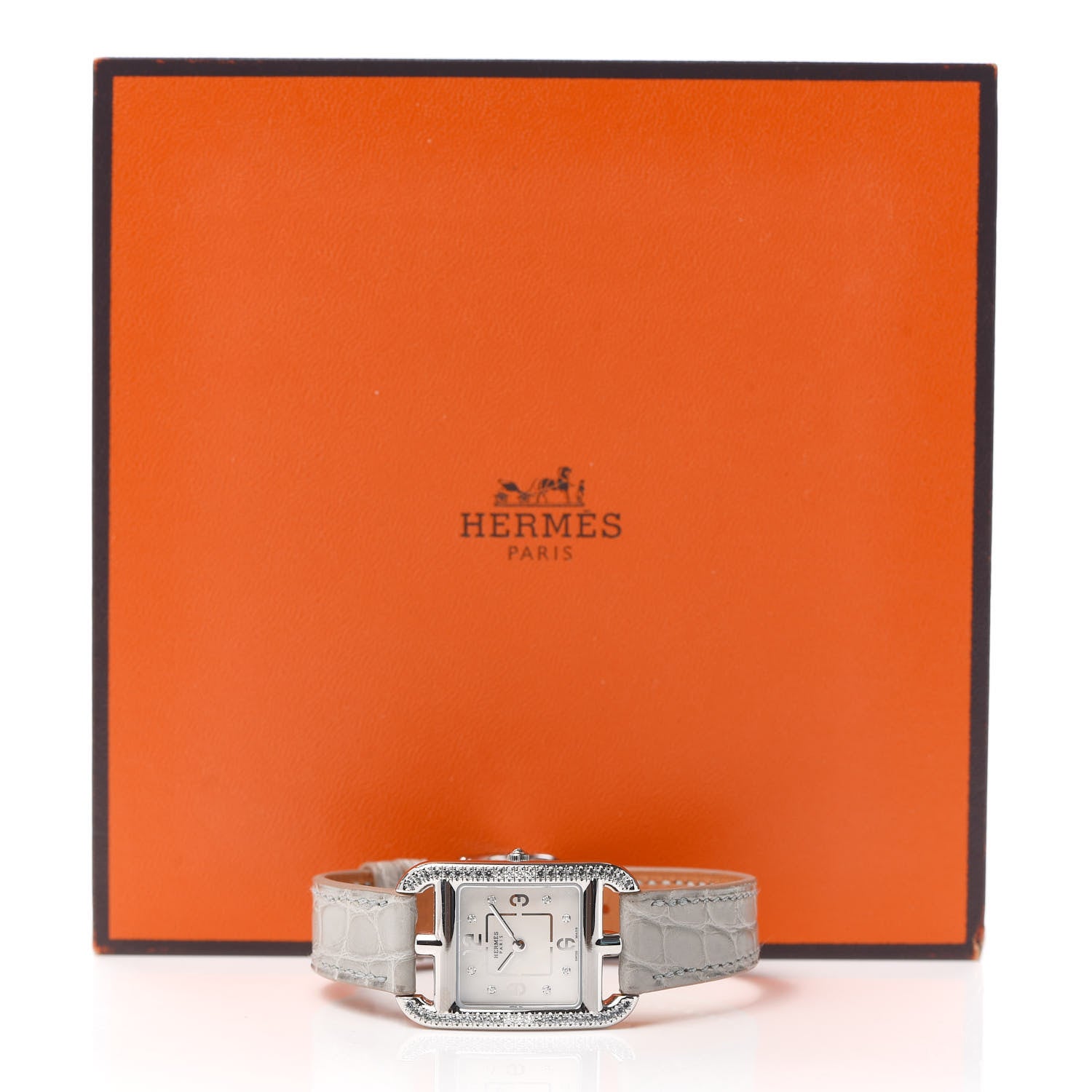 Hermes Stainless Steel Alligator Diamond Bezel Grey Sapphire Mother of Pearl 23mm Cape Cod Quartz Watch Gris Perle 5 of 5