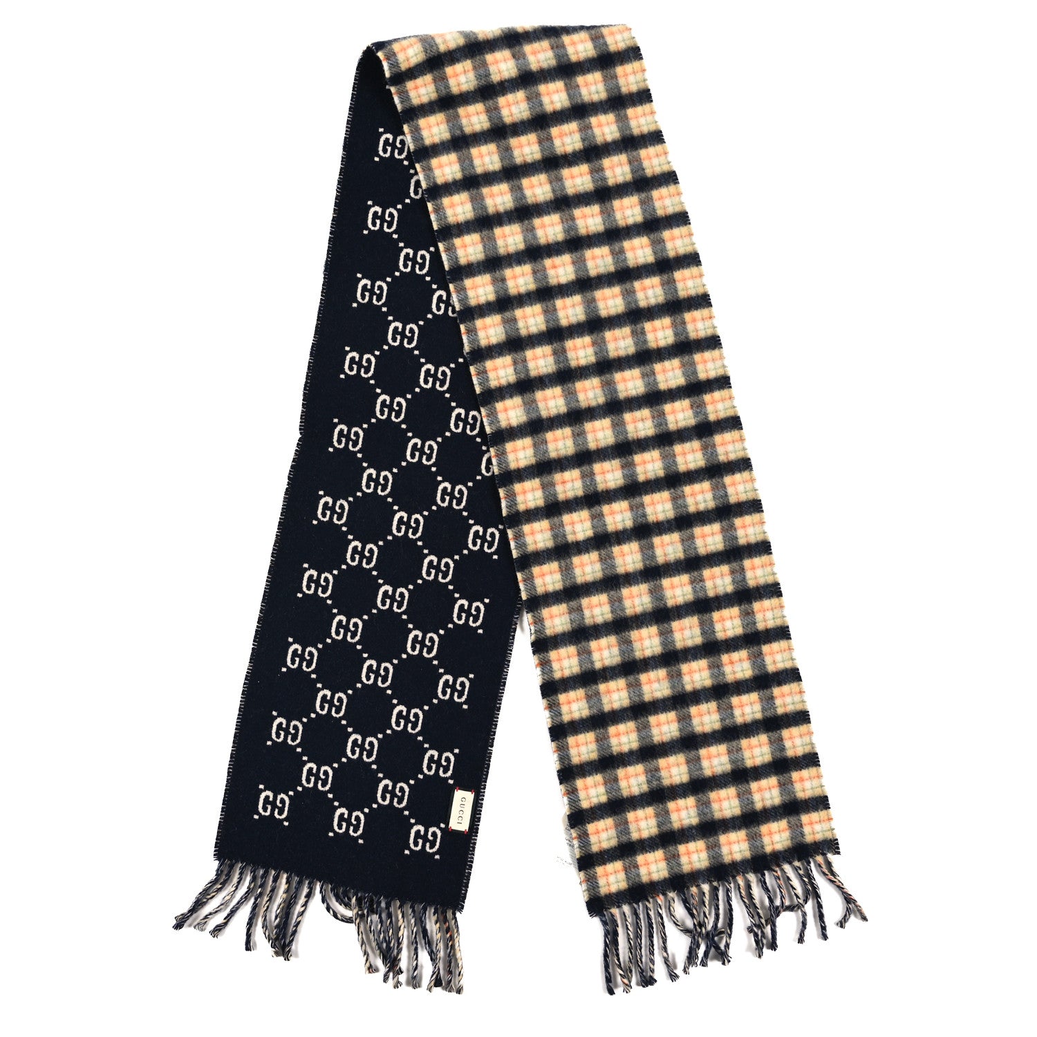 Gucci Wool GG Monogram Plaid Rise Reversible Fringe Scarf Midnight Blue Cream 2 of 4
