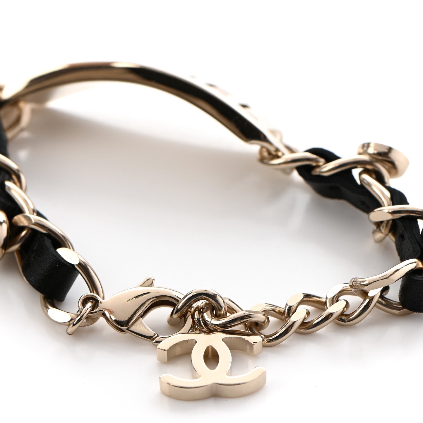 Metal Lambskin Pearl Name Plate Bracelet Black Gold