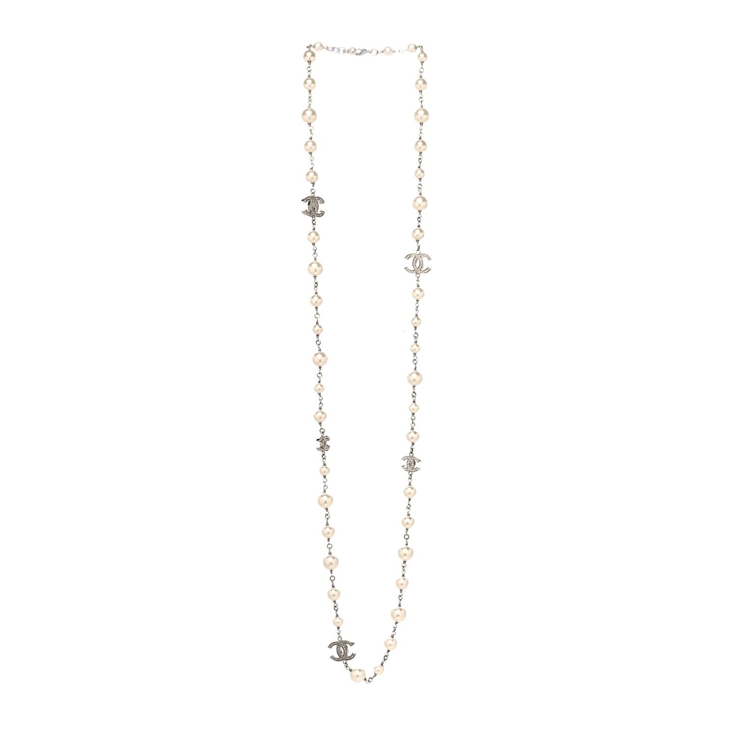 Graduated Pearl Crystal CC Long Necklace Silver