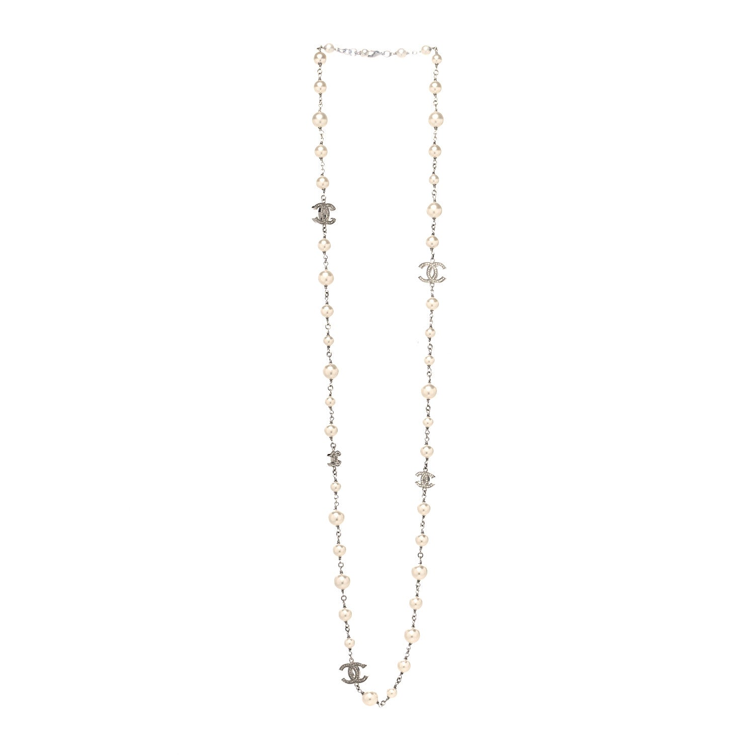 Chanel Graduated Pearl Crystal CC Long Necklace Silver 3 of 5