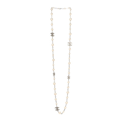Chanel Graduated Pearl Crystal CC Long Necklace Silver 3 of 5