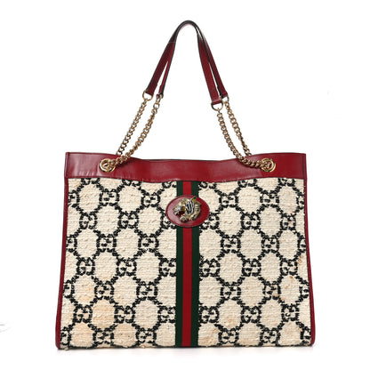 Gucci Tweed GG Monogram Large Rajah Chain Tote White Black Romantic Cherry 1 of 12