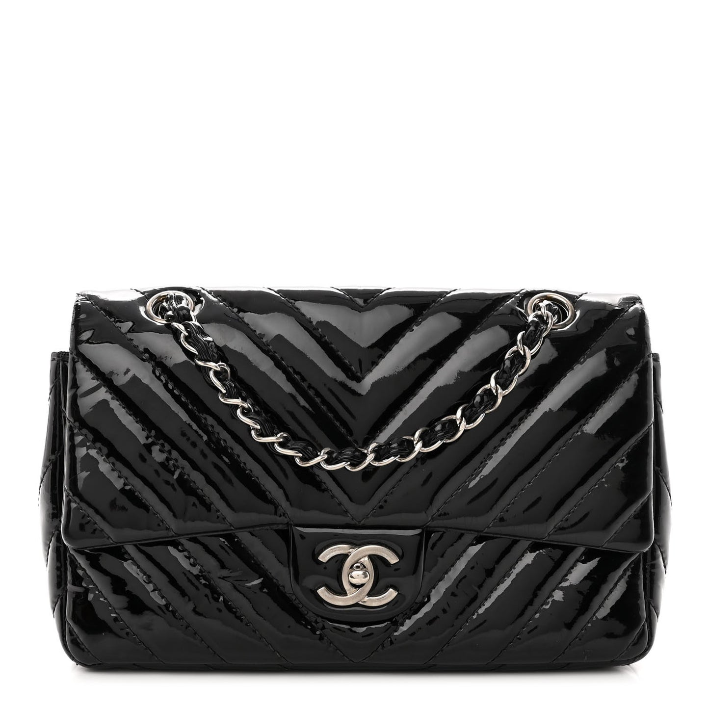 Patent Chevron Quilted Medium Single Flap Black