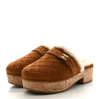 Chanel Suede Calfskin Shearling Turn Lock Clogs 38 Brown 3 of 8