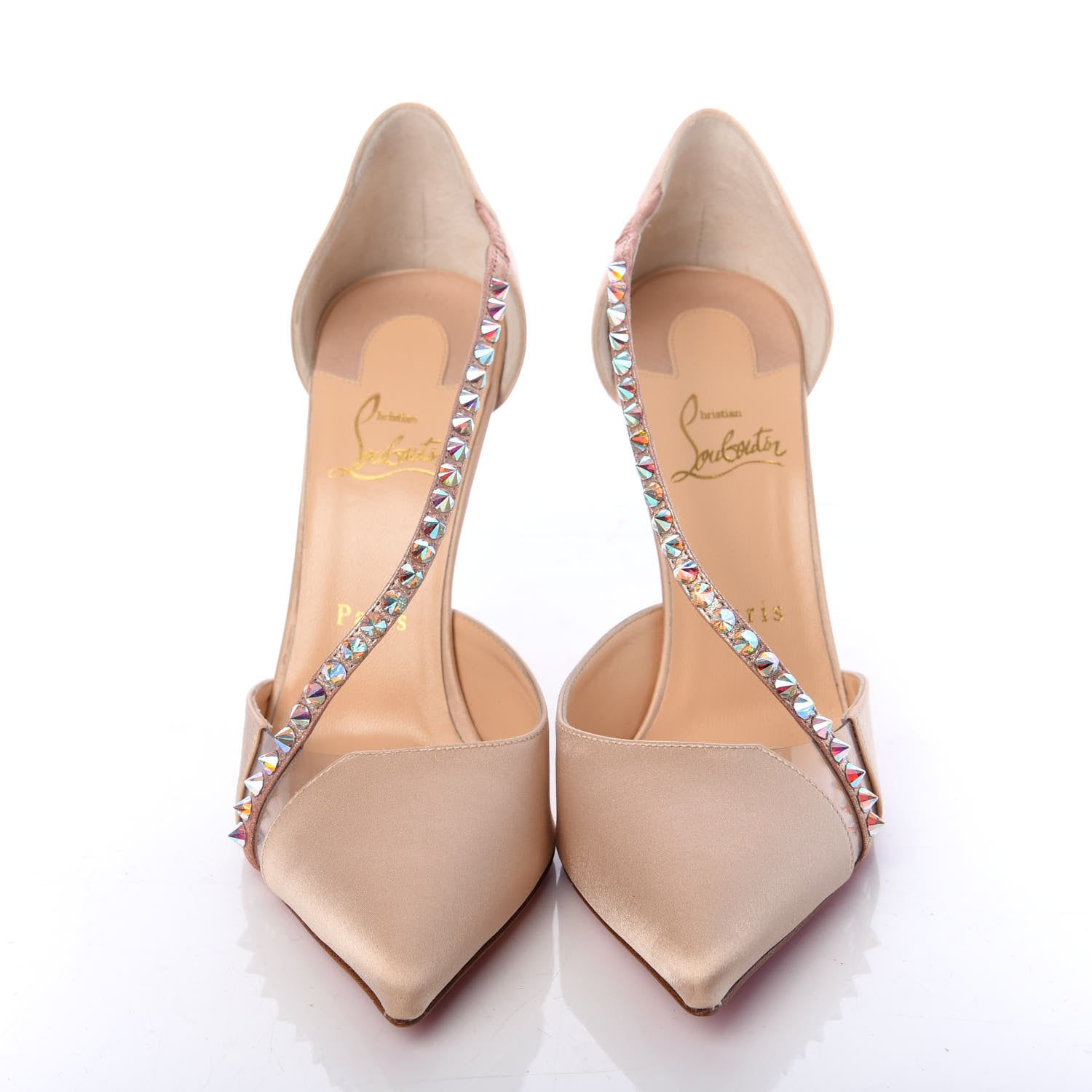 Christian Louboutin Satin PVC Suede Stud Krystal Cross 100 Pumps 40 Nude 5 of 10