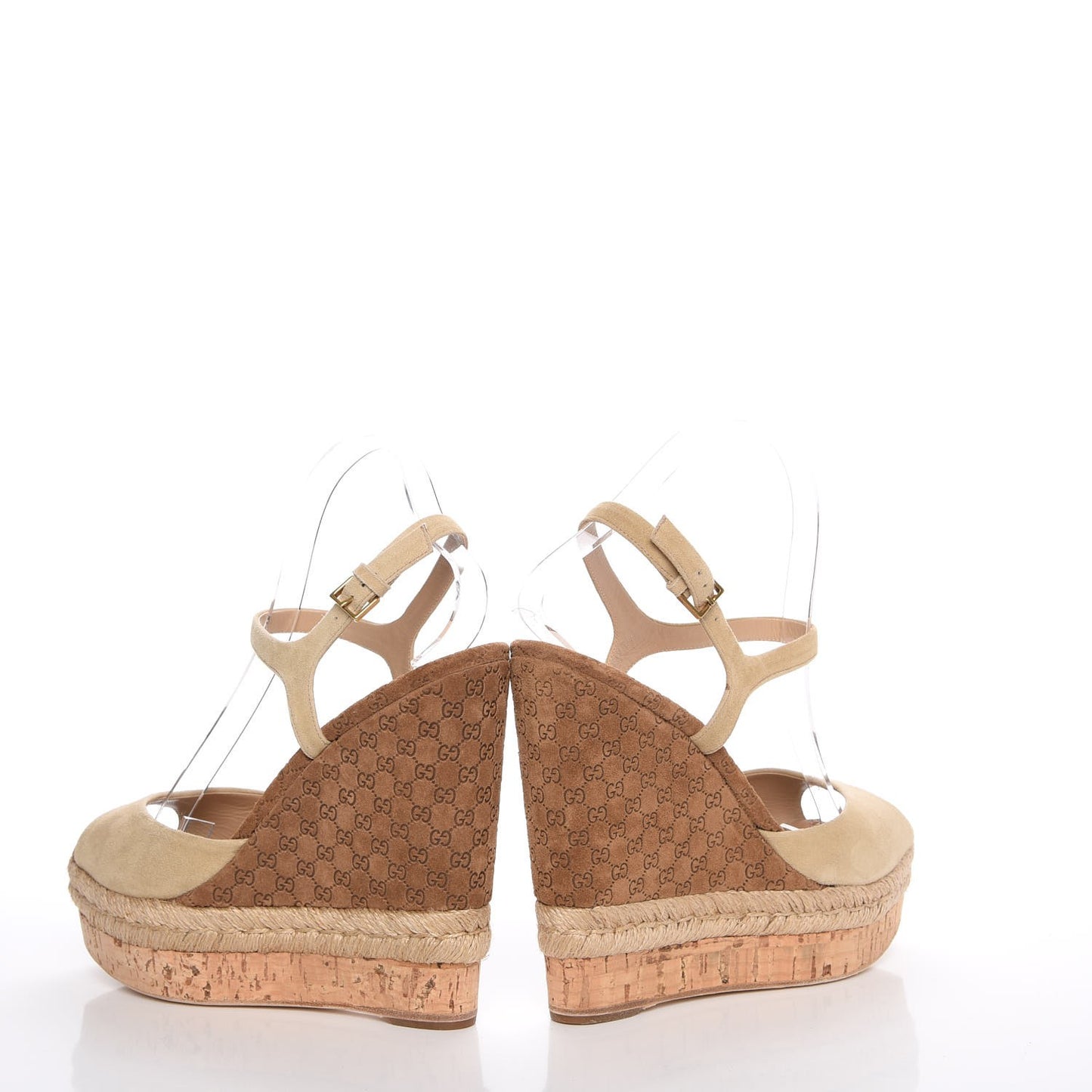 Suede Cork Guccissima Hollie Wedge Sandals 38.5 Nude