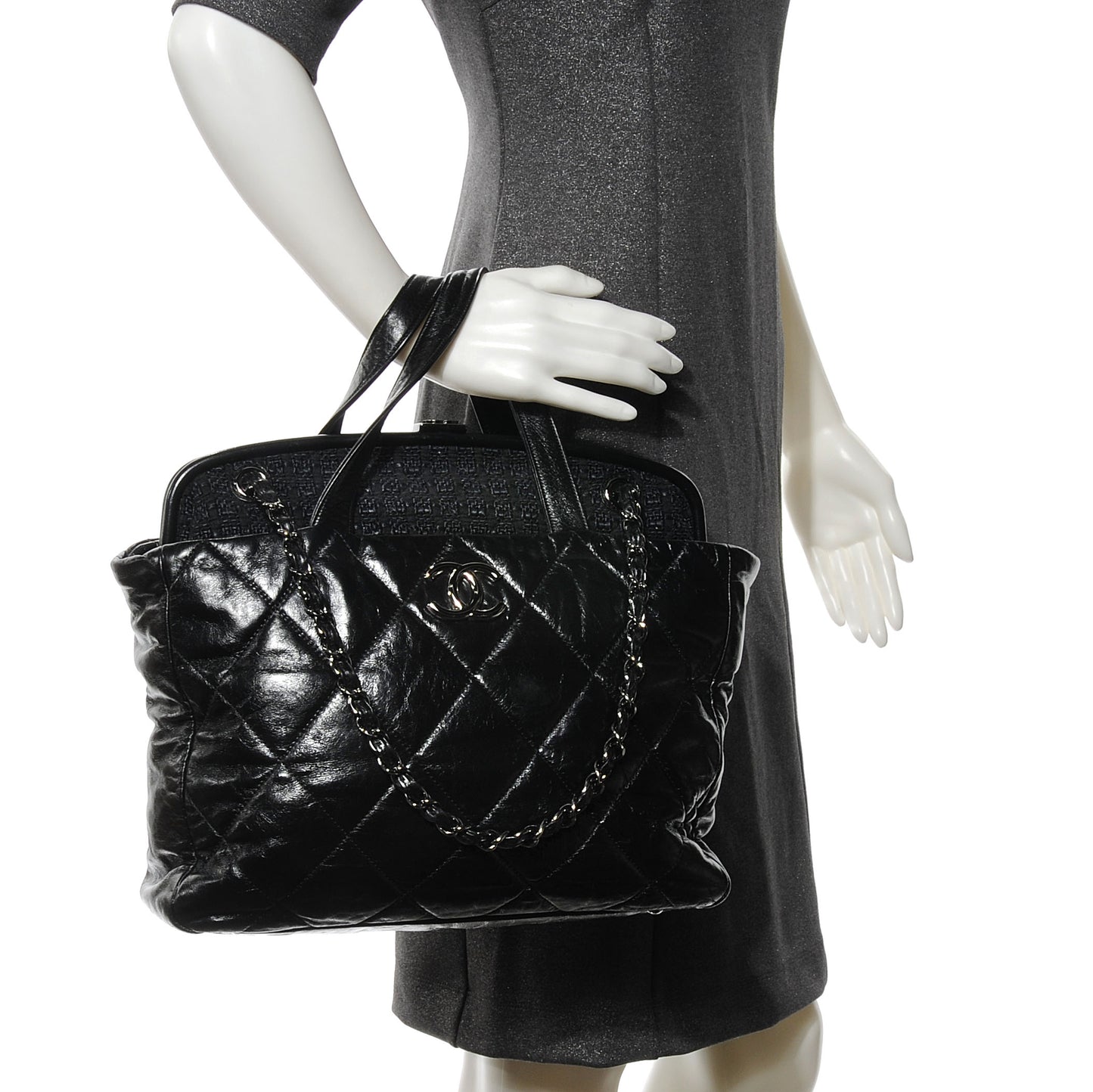 Glazed Calfskin Tweed Portobello Tote Black