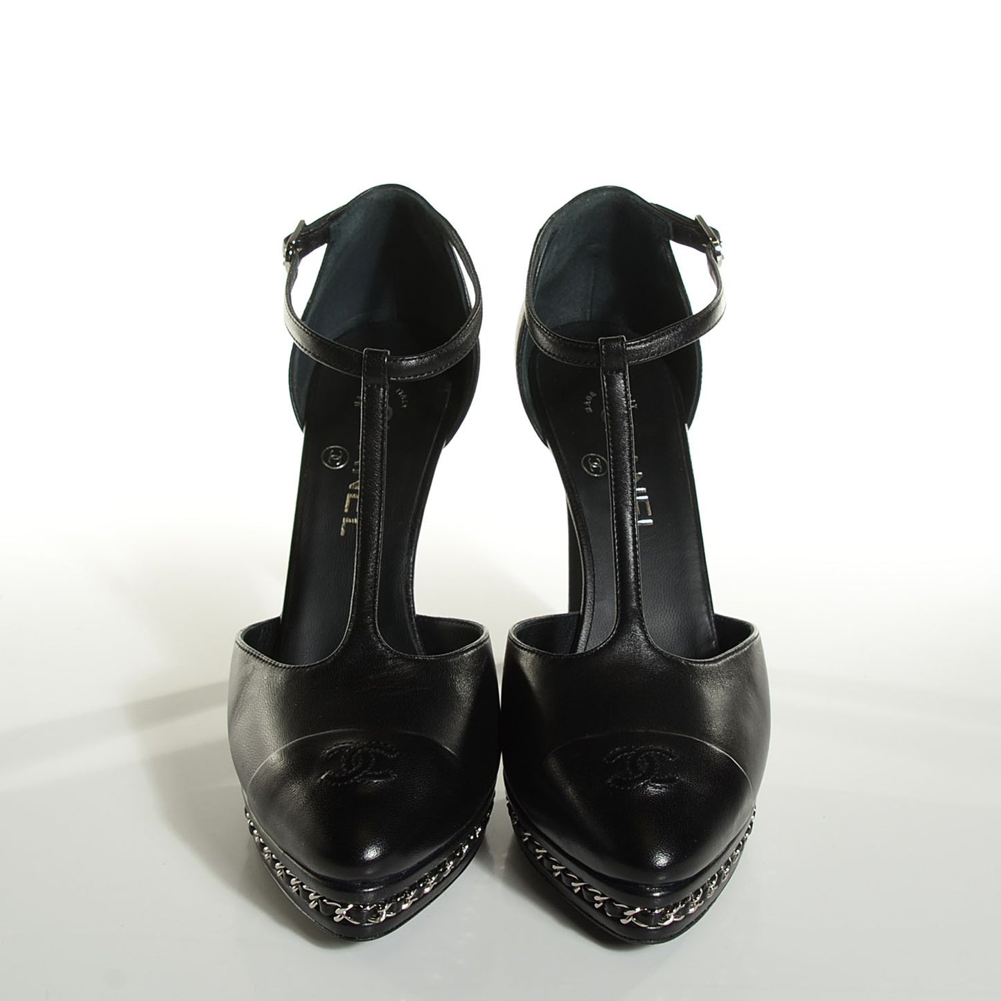 Lambskin Chain T Strap Platform Pumps 40 Black