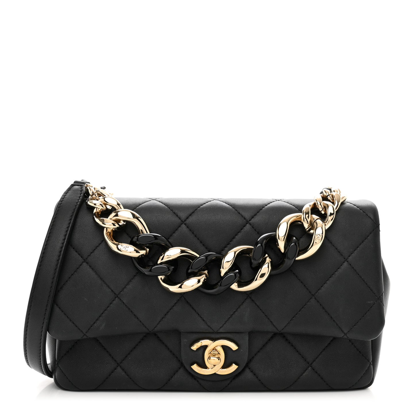 Lambskin Quilted Resin Bi-Color Chain Flap Bag Black