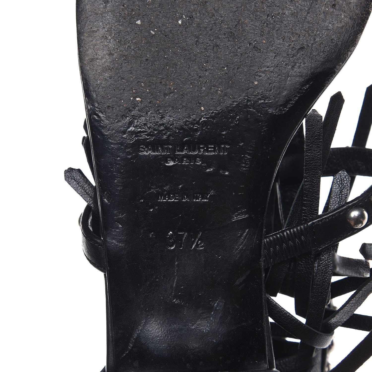 Saint Laurent Calfskin Studded Fringe Cyuko Sandals 37.5 Black 7 of 8